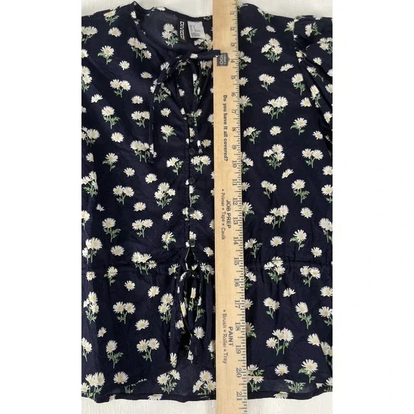 H&M Navy Yellow Daisy Floral Tie Front Blouce Puff Sleeves Top Woman's Size S - Picture 13 of 16